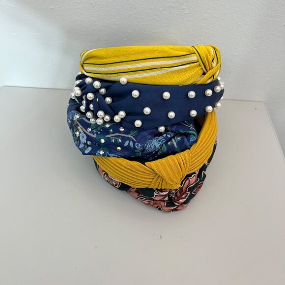 Set Of 5 Women's Knotted Headbands With Floral Pearl & Striped Designs Fabric Ma - Picture 2 of 6